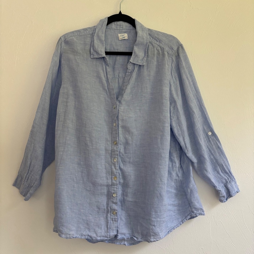 Sigrid Olsen 100% Linen Shirt Women 1X Light Blue Button Front Roll Tab Sleeve